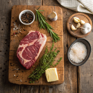 Raw ribeye roast with seasoning ingredients and fresh herbs
