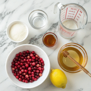 White cranberry juice recipe ingredients arranged on counter