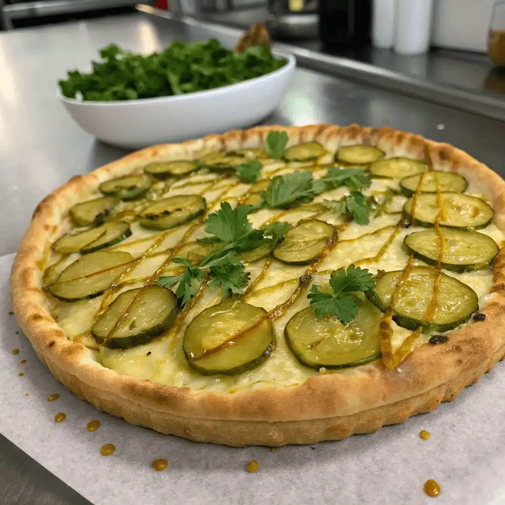 Whole pickle pie pizza topped with sliced pickles, fresh parsley, and a drizzle of sauce, on a parchment-lined surface.