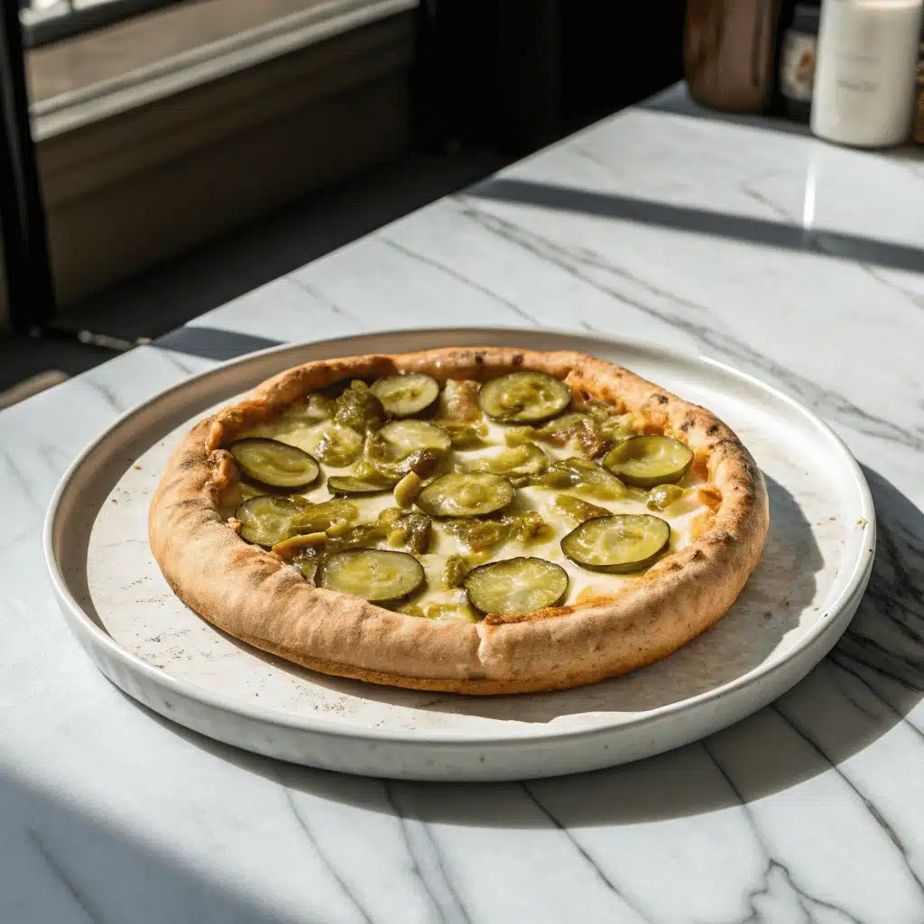 Whole pickle pie pizza with sliced pickles and melted cheese, served on a round metal tray on a marble table.