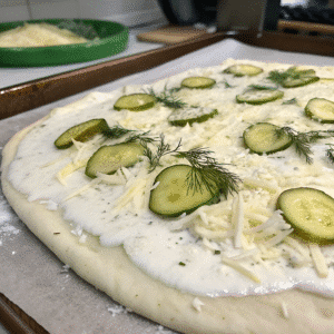 Assembled pickle pie pizza before baking with pickles and cheese