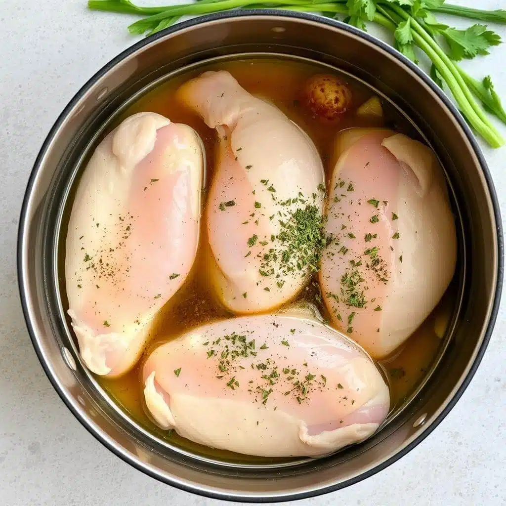 Four raw chicken breasts in seasoned broth in a pot, ready to boil