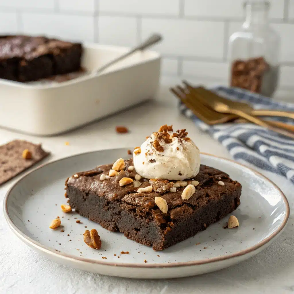 Protein brownie square topped with a dollop of whipped cream and sprinkled with peanuts, served on a plate.