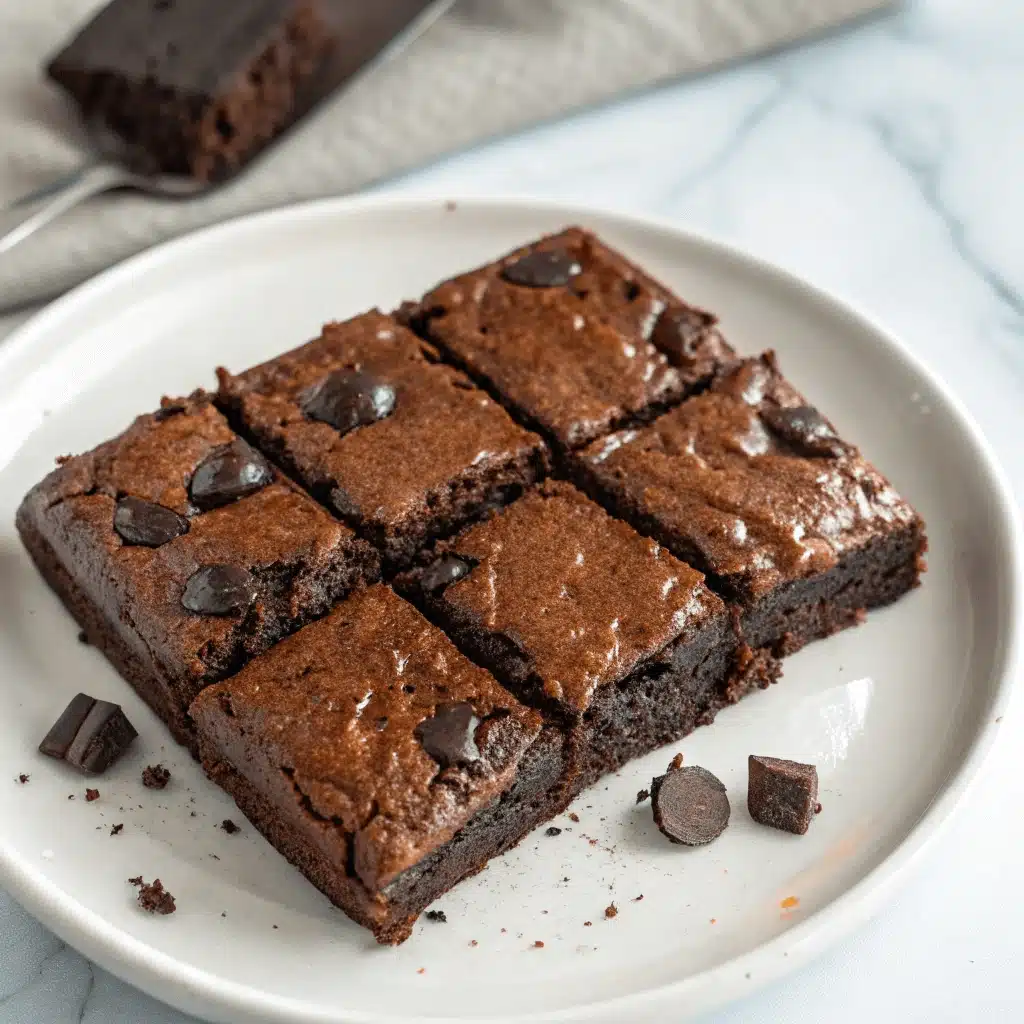 Plate of sliced protein brownies with chocolate chips on top, arranged in a grid pattern.