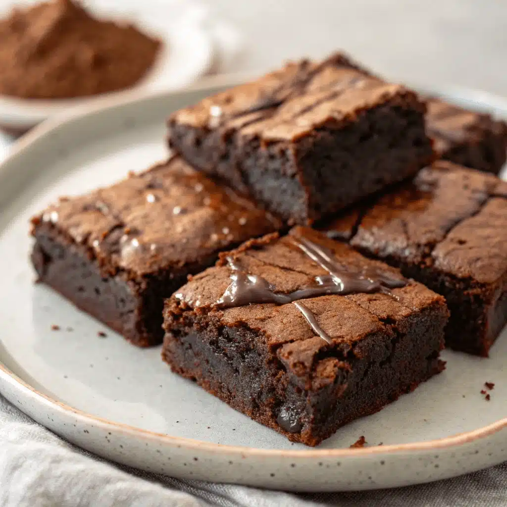 Close-up of thick, fudgy protein brownies stacked on a plate, drizzled with chocolate.