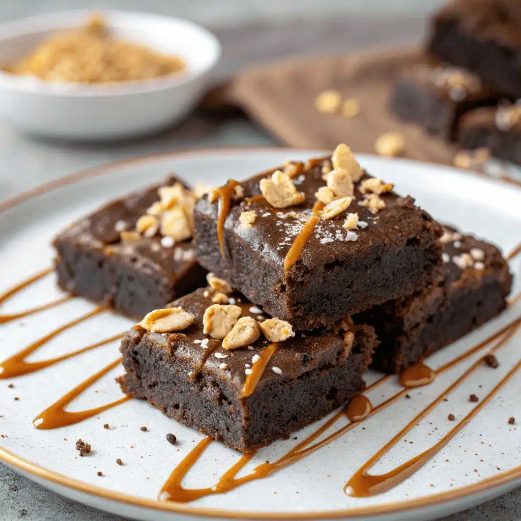 Protein brownie garnished with chopped peanuts and caramel drizzle, served on a plate.