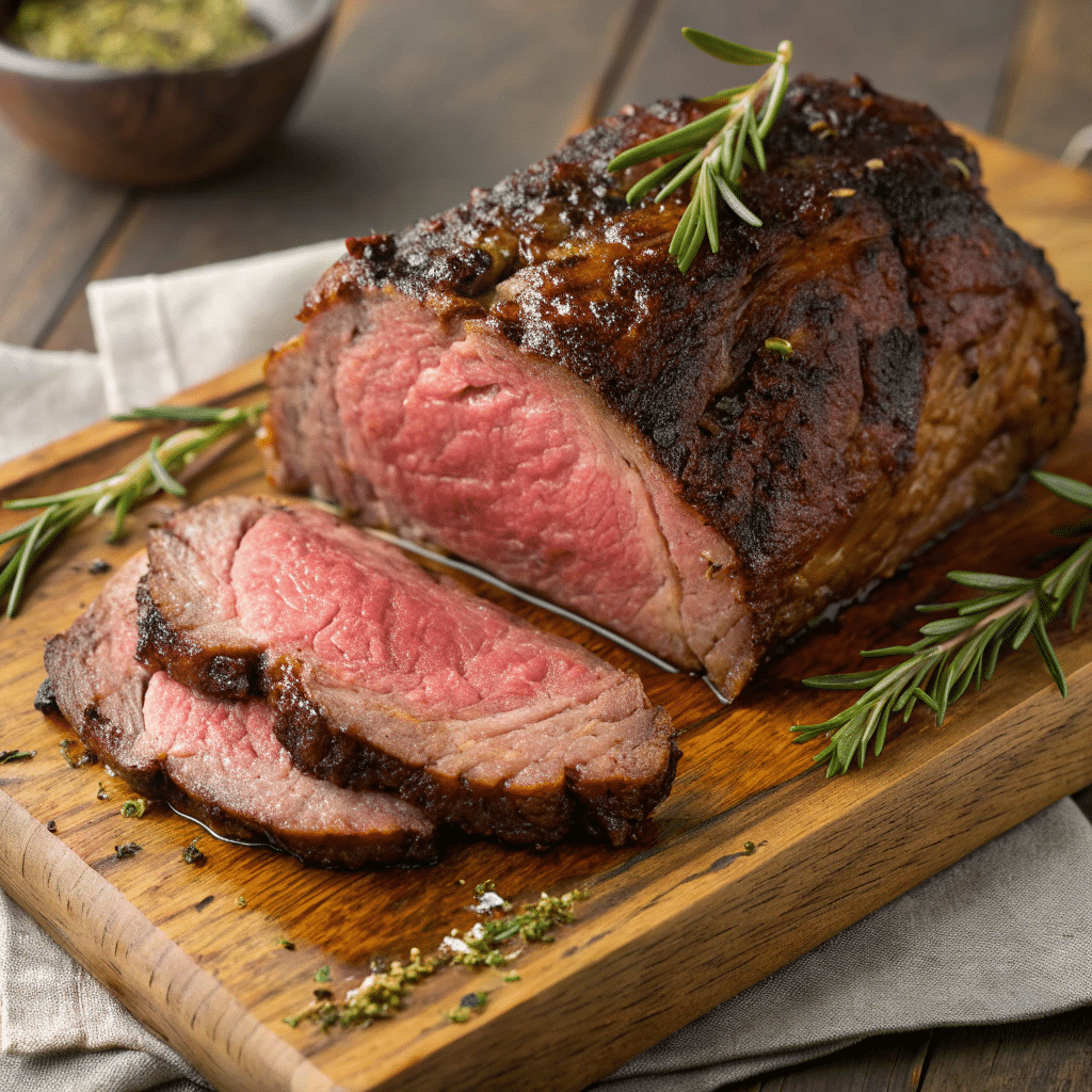 Sliced ribeye roast with a juicy pink center and a browned crust, garnished with fresh rosemary on a wooden cutting board.