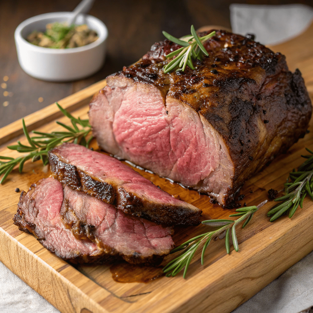 Sliced ribeye roast with a juicy pink center and a browned crust, garnished with fresh rosemary on a wooden cutting board.