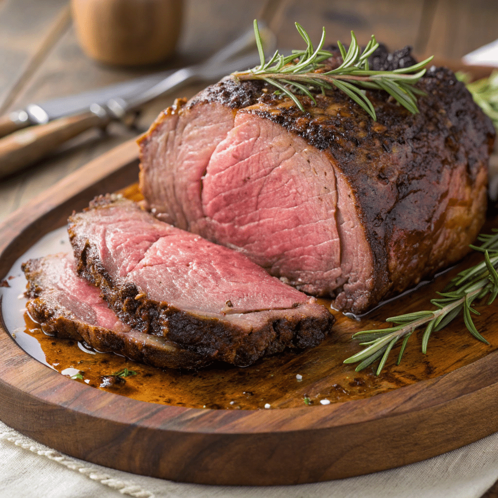 Sliced ribeye roast with a juicy pink center and a browned crust, garnished with fresh rosemary on a wooden cutting board.