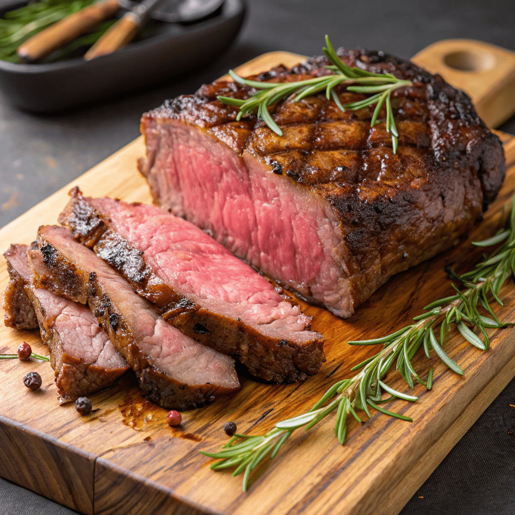 Sliced ribeye roast with a juicy pink center and a browned crust, garnished with fresh rosemary on a wooden cutting board.