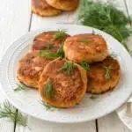 Plate of golden-brown salmon cakes garnished with fresh dill on a white plate.