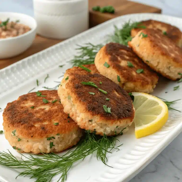 Salmon cakes arranged on a rectangular platter with fresh dill and a lemon wedge.