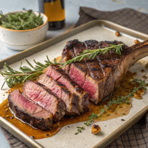 Sliced tomahawk steak platter