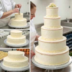 Wedding cakes assembly steps showing layer stacking technique