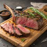 Grilled tomahawk steak on wooden board