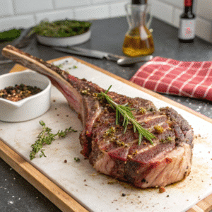 Seasoned tomahawk steak resting