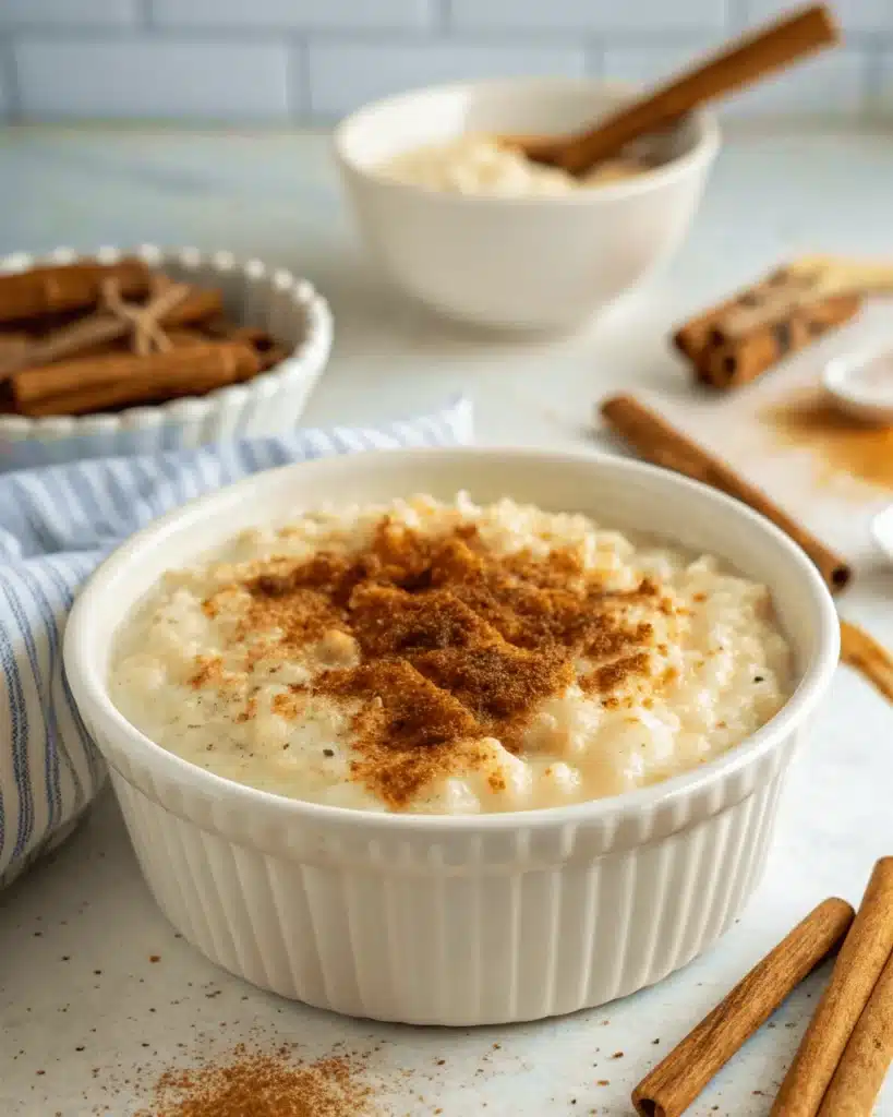 Bowl of creamy arroz con leche topped generously with ground cinnamon, with cinnamon sticks in the background.