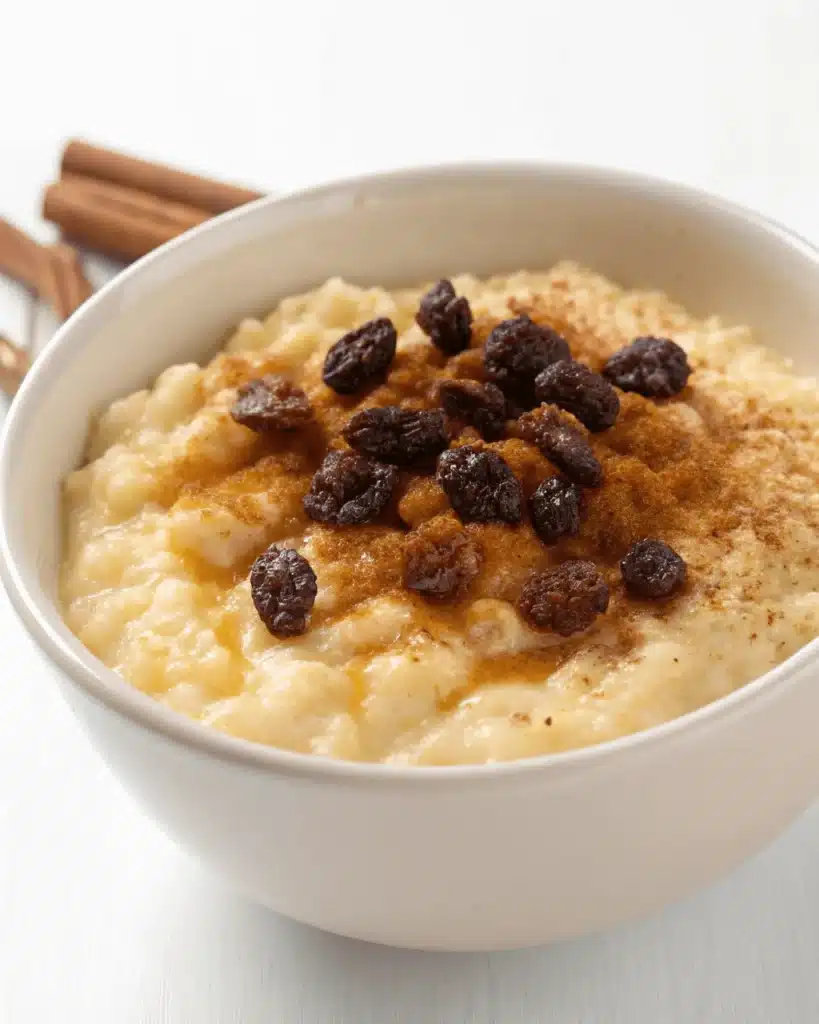 Close-up of arroz con leche with raisins and cinnamon in a white bowl next to a spoon.