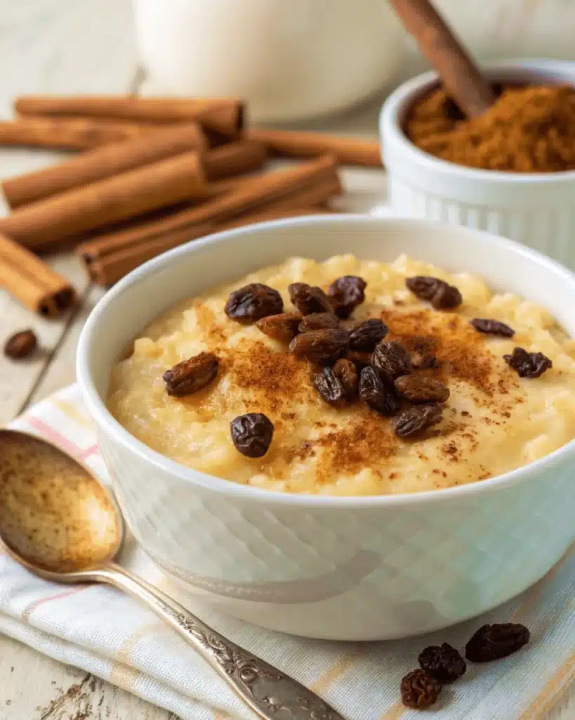Creamy arroz con leche in a white bowl topped with cinnamon and raisins, with a spoon and cinnamon sticks nearby.
