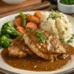 Plate of chicken and gravy, served with mashed potatoes and a medley of steamed vegetables including broccoli, carrots, and peas.