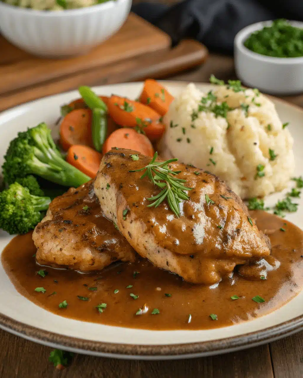 Plate of chicken and gravy, served with mashed potatoes and a medley of steamed vegetables including broccoli, carrots, and peas.