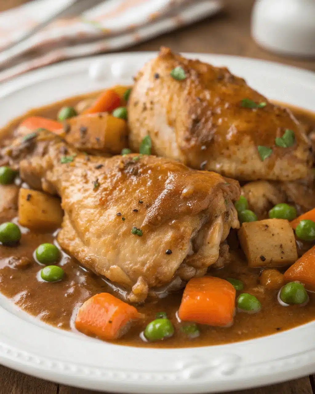 Braised chicken and gravy with carrots, potatoes, and peas on a white plate.