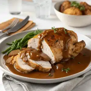 Pan-seared chicken breast in a light gravy, garnished with fresh thyme, on a white plate.