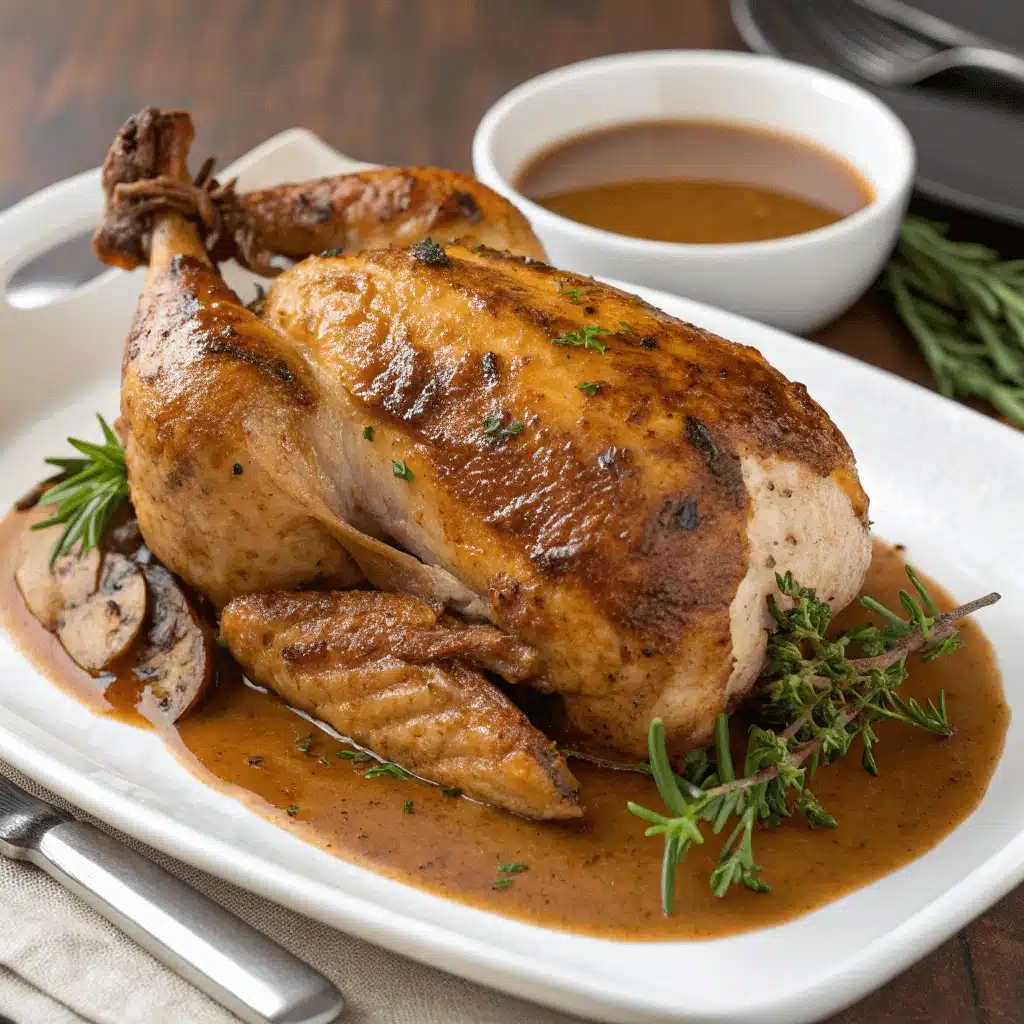Roasted whole chicken on a white platter, surrounded by rich brown gravy, mushrooms, and fresh rosemary, with a separate bowl of gravy in the background.