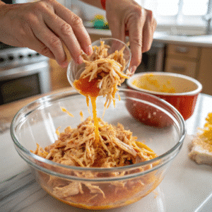 tossing chicken in buffalo sauce