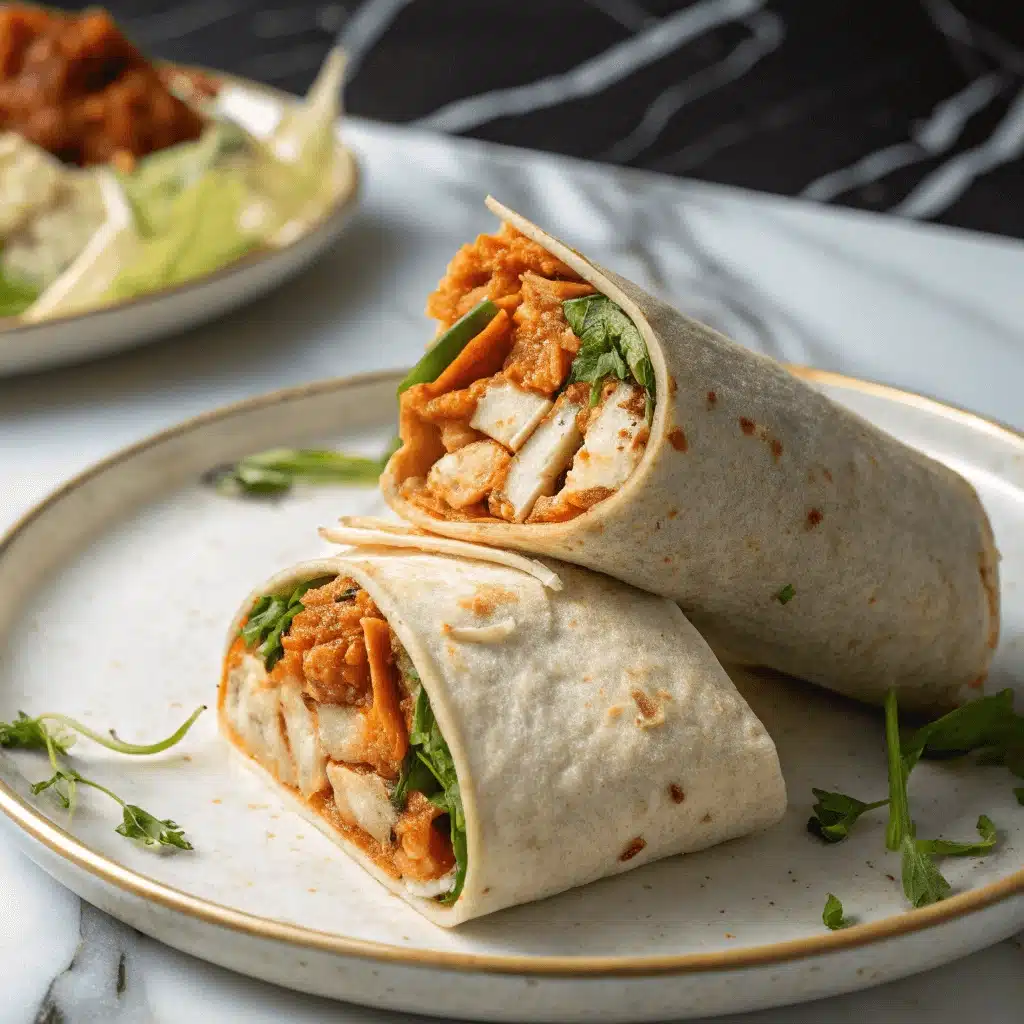 Two buffalo chicken wrap halves on a white plate with a gold rim, showing spicy chicken, shredded lettuce, cheese, and ranch dressing against a marble countertop.