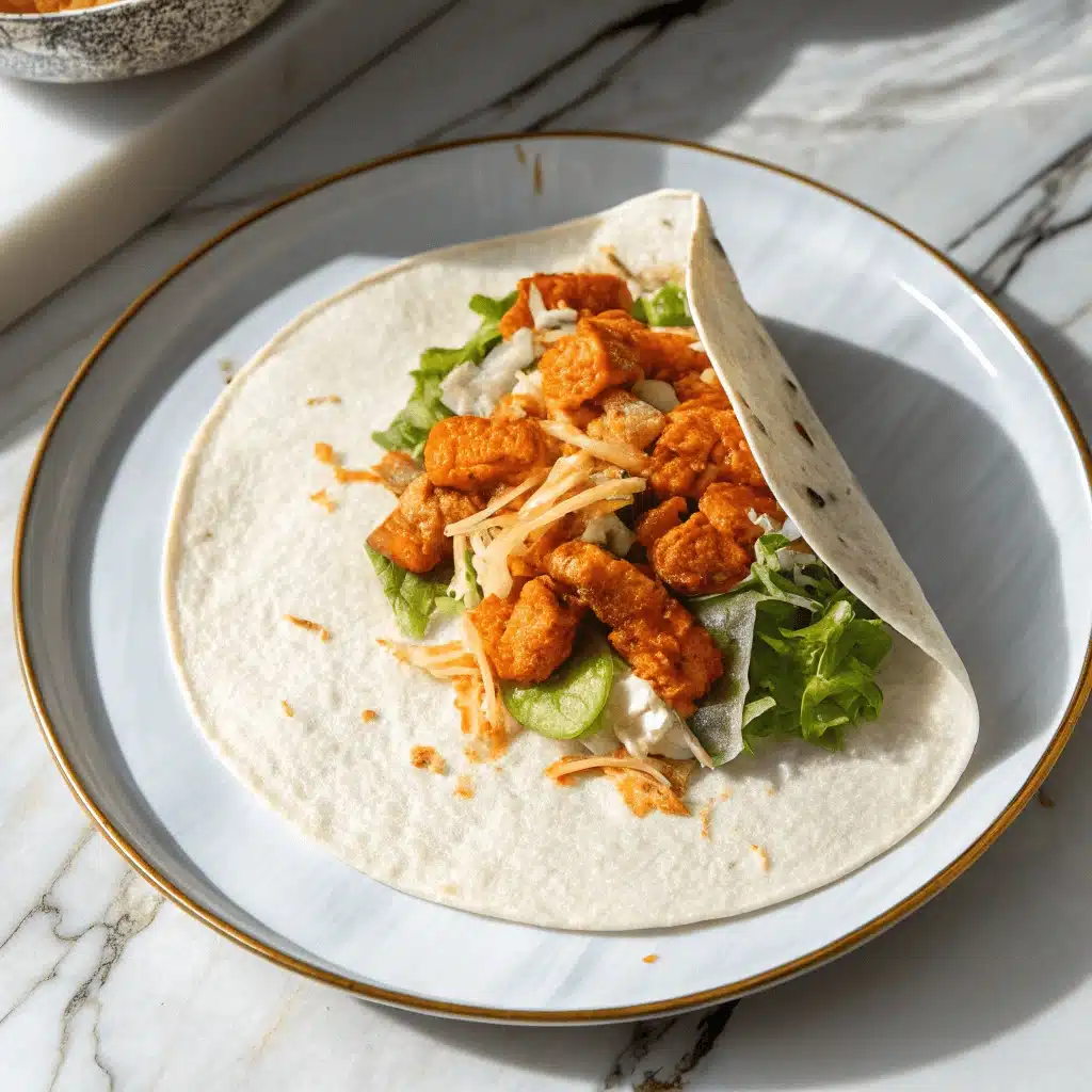 An open buffalo chicken wrap on a plate, revealing chopped buffalo chicken, lettuce, shredded cheese, and ranch inside a soft tortilla.