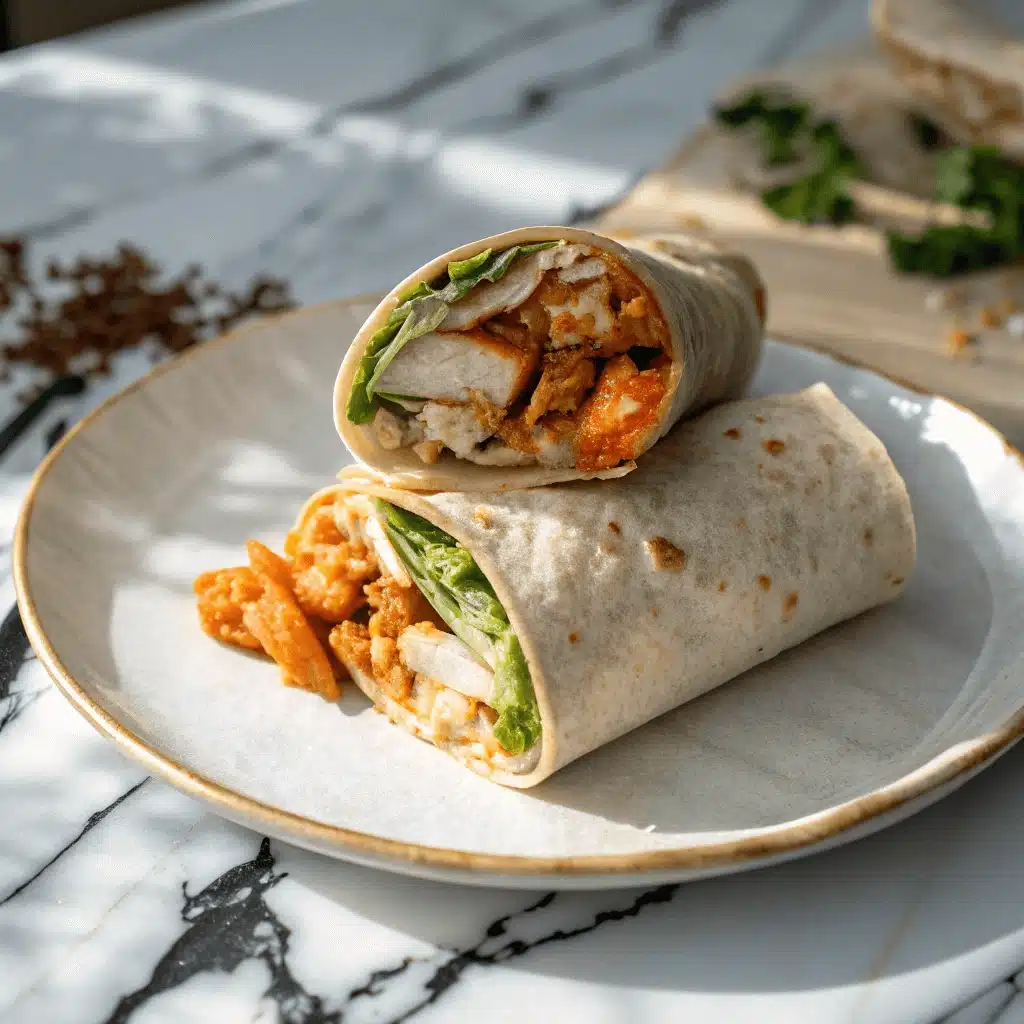 Two stacked buffalo chicken wrap halves on a white plate with microgreens scattered around on a marble surface.