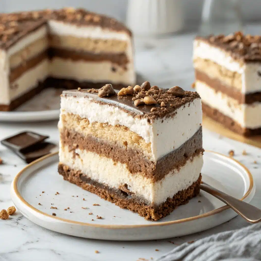 A single slice of layered ice cream cake on a white-rimmed plate, showing alternating vanilla and chocolate ice cream layers, a dark cookie crumb base, glossy chocolate ganache, and chopped nuts on top.