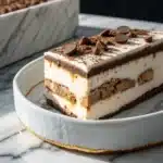 A close-up side view of a rectangular ice cream cake slice showing alternating creamy vanilla and cookie crumb layers, topped with chocolate wafer discs and scattered crumbs, served on a white plate over a marble surface.