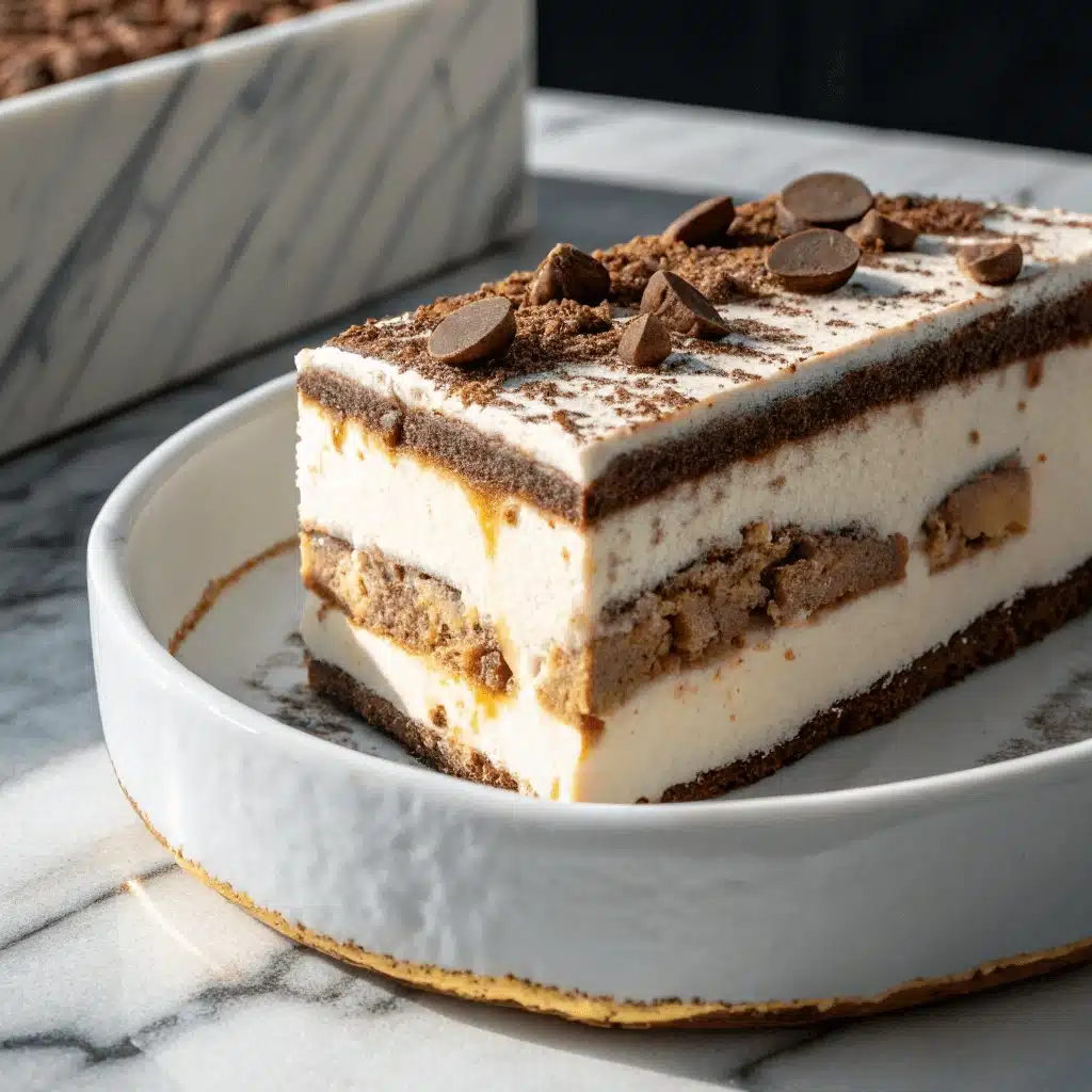 A close-up side view of a rectangular ice cream cake slice showing alternating creamy vanilla and cookie crumb layers, topped with chocolate wafer discs and scattered crumbs, served on a white plate over a marble surface.