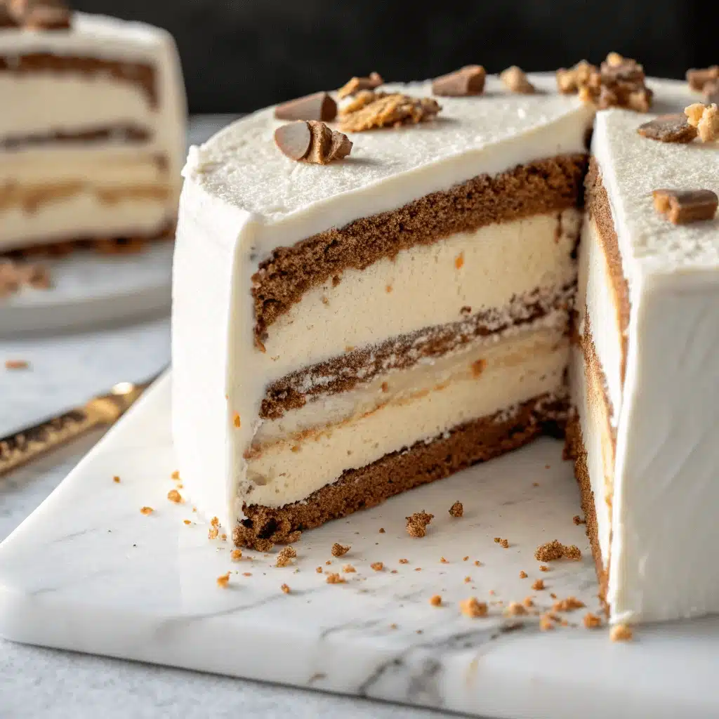 A round ice cream cake on a marble block with one slice removed, exposing alternating vanilla and chocolate ice cream layers and a cookie crumb crust, topped with nut pieces.