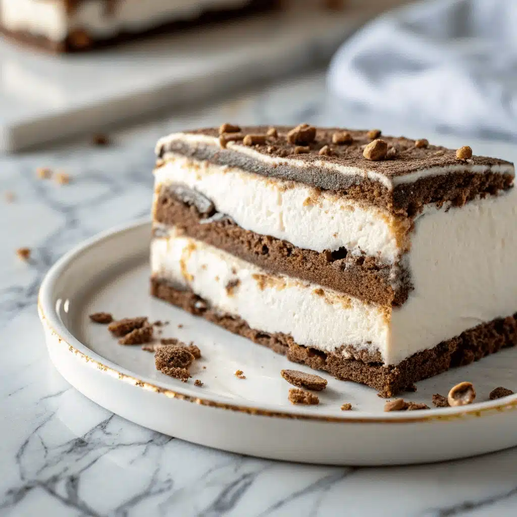 Close-up side view of a single ice cream cake slice on a light plate, highlighting crisp cookie crust, smooth ice cream layers, and scattered crumb pieces on marble.