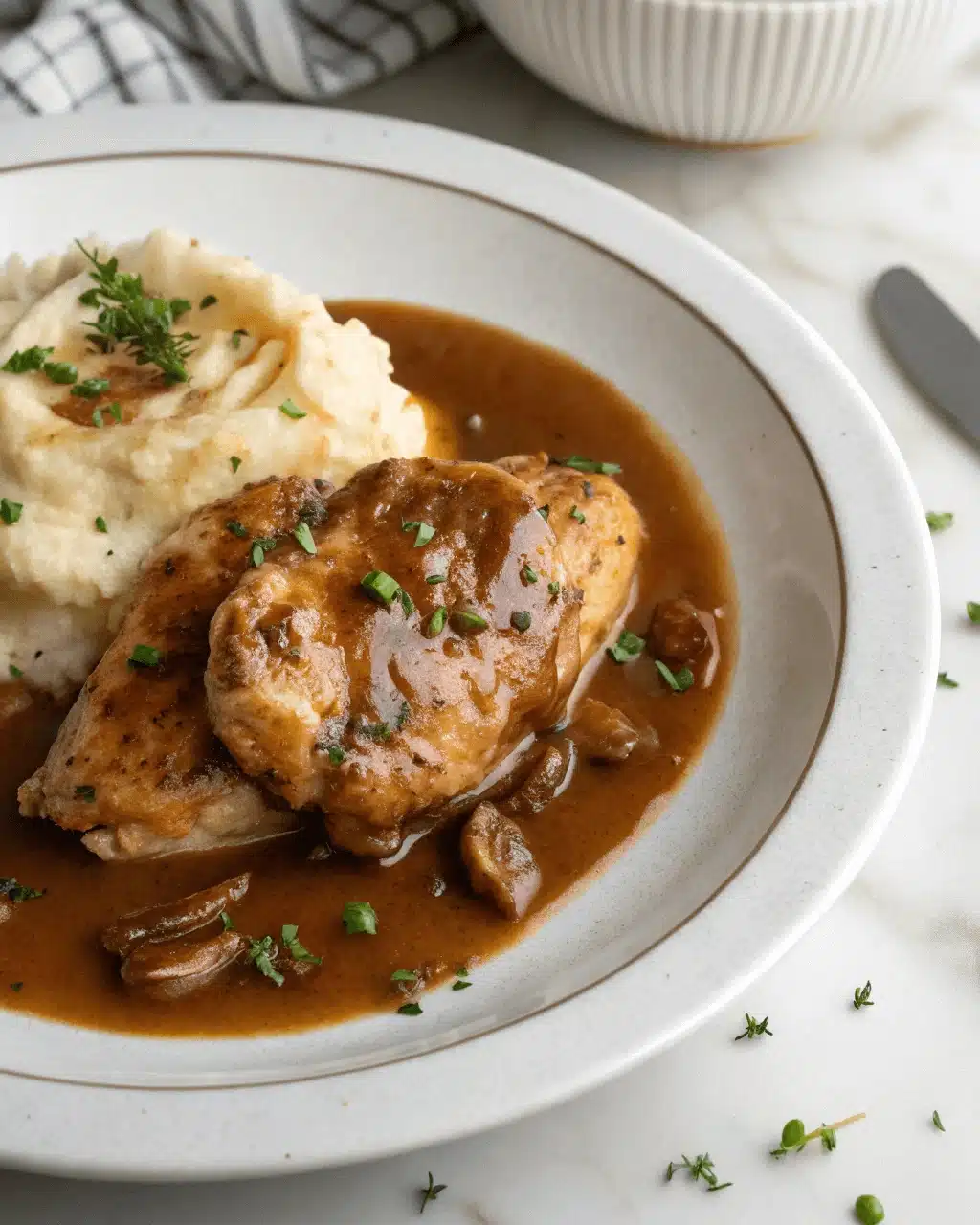 Chicken and gravy and mushrooms, served next to mashed potatoes on a white plate, garnished with herbs.