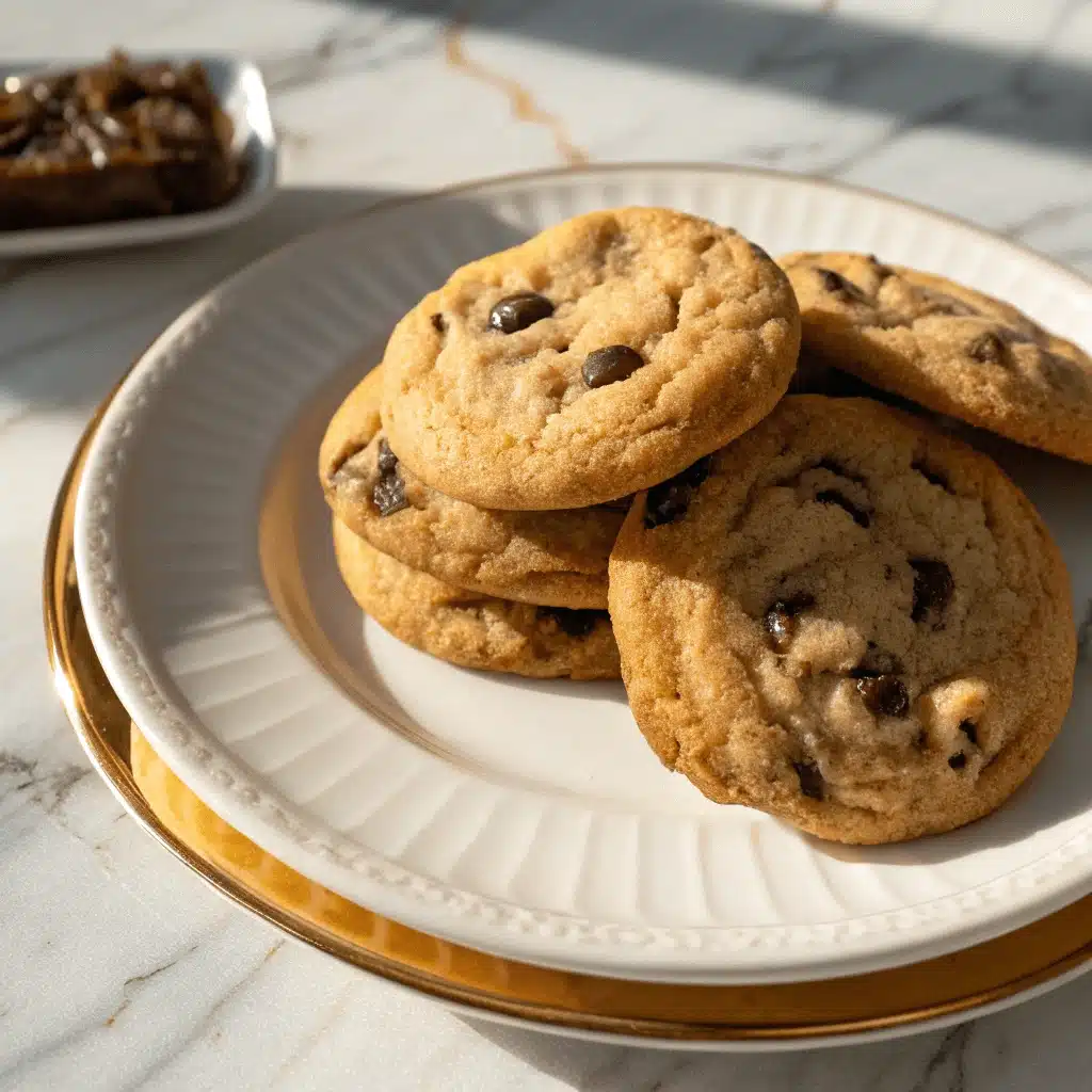 A small pile of chocolate chip cookies on a white plate with a gold rim, viewed from a low angle against a marble backdrop.