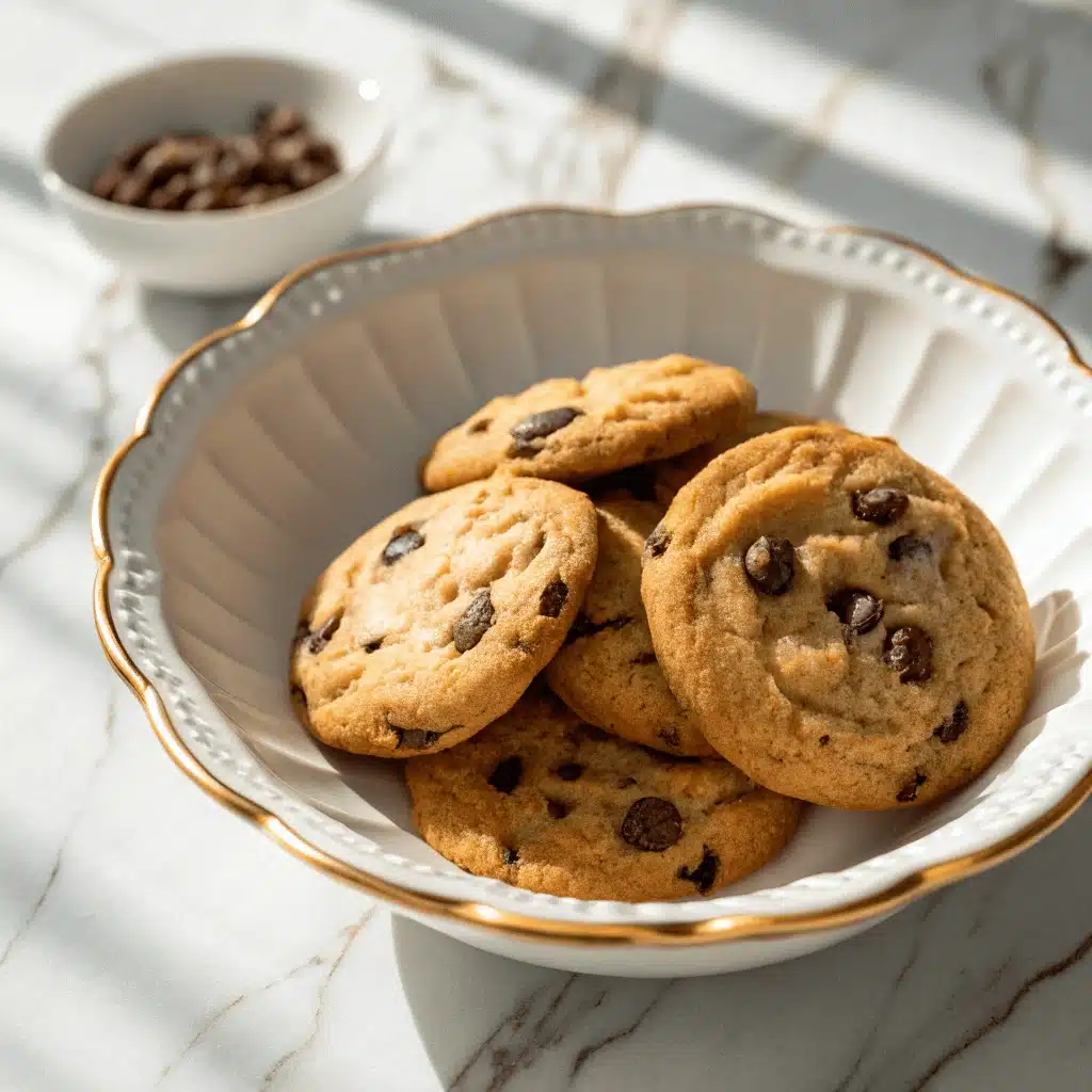 A close-up of Toll House cookie in a white scalloped bowl with a small bowl of coffee beans blurred in the background.