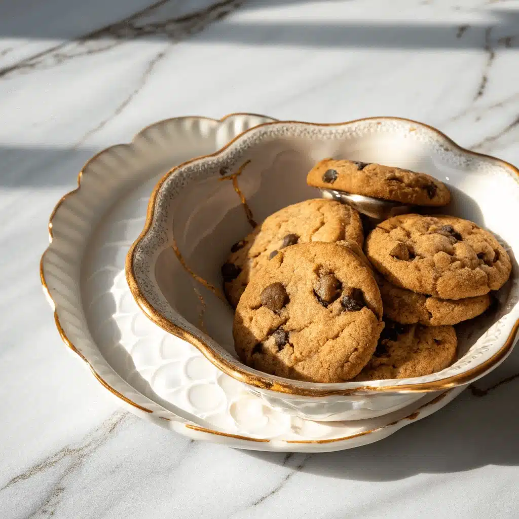 Several toll house cookie nestled in a decorative white bowl with scalloped edges, placed on matching plates.
