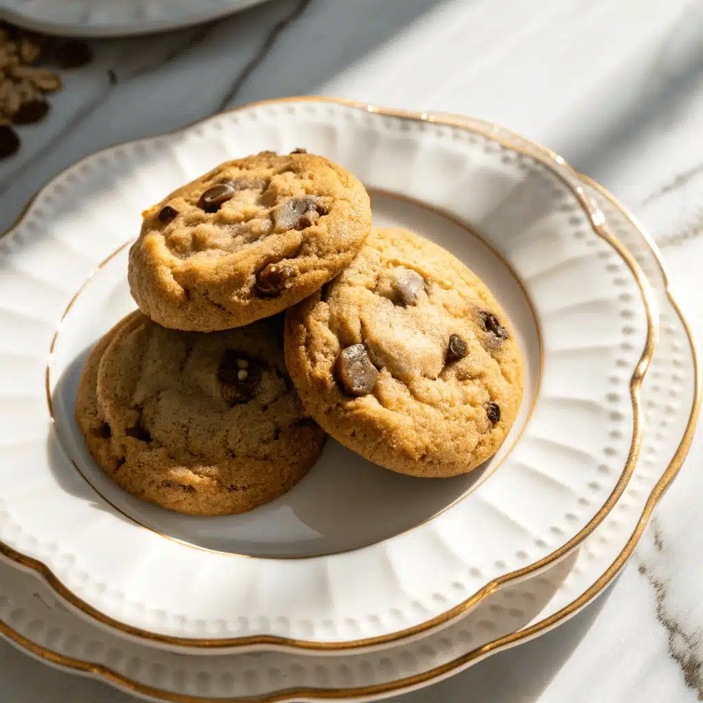 Three chocolate chip cookies stacked on two white plates with gold rims, set on a marble countertop in soft sunlight.