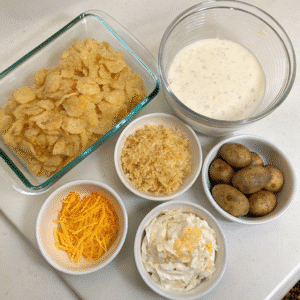 funeral potatoes ingredients flat lay