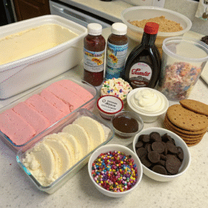 ice cream cake ingredients flat lay