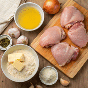 Chicken and gravy ingredients flat lay