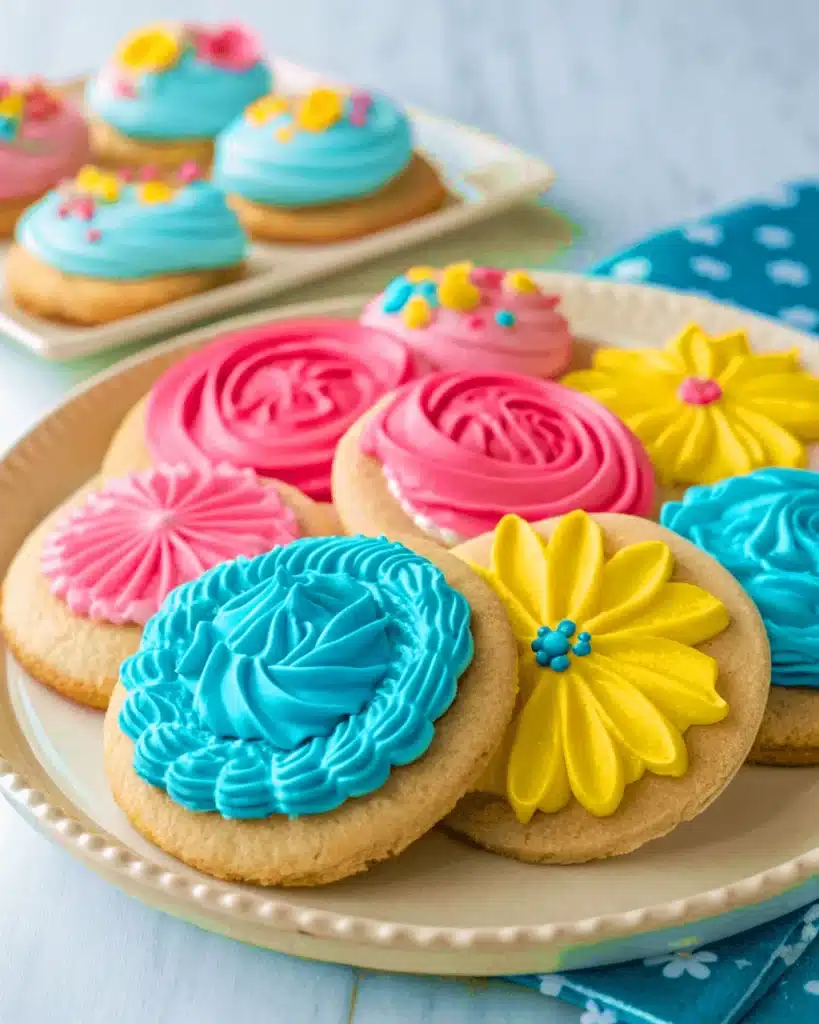 Plate of elaborately frosted sugar cookies shaped like flowers and roses in blue, yellow, and pink.