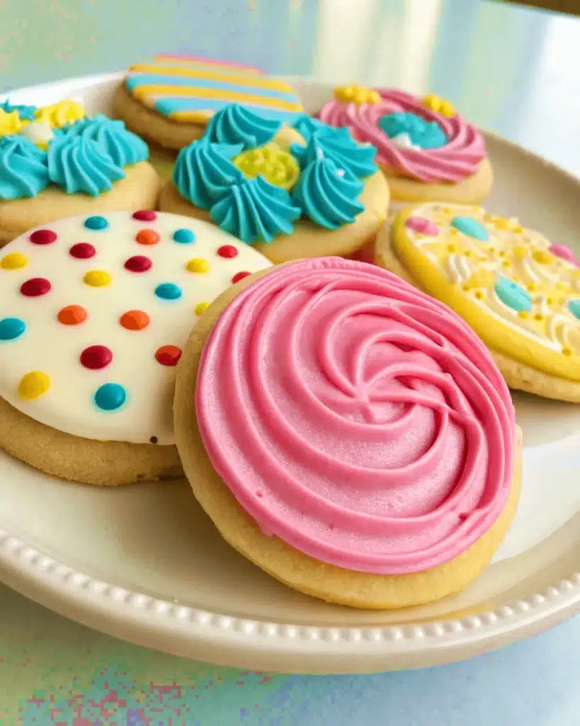 Plate of colorful frosted sugar cookies with different swirl and dot designs.