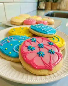 Close-up of intricately decorated frosted cookies with floral and line patterns in pink, blue, and yellow.