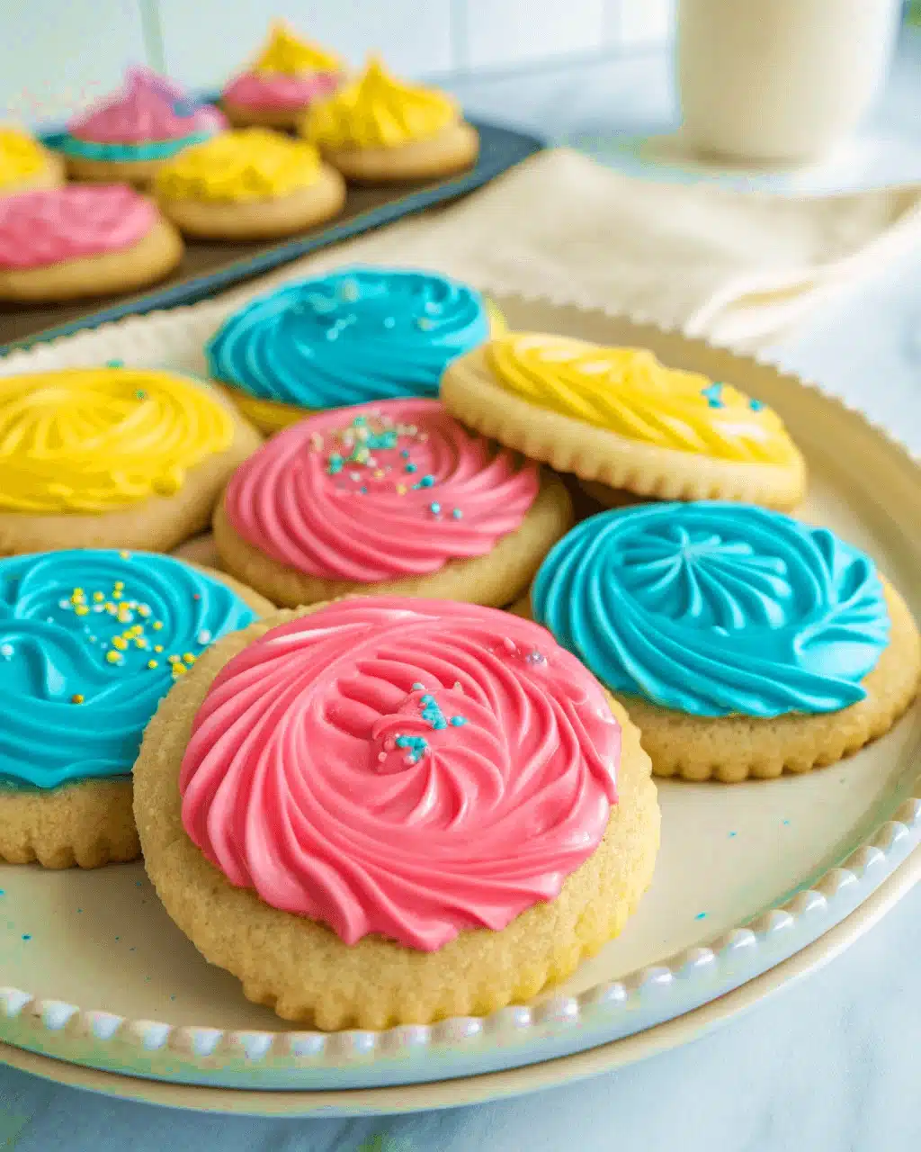 Plate of round sugar cookies with vibrant pink, blue, and yellow frosting swirls, some with sprinkles.