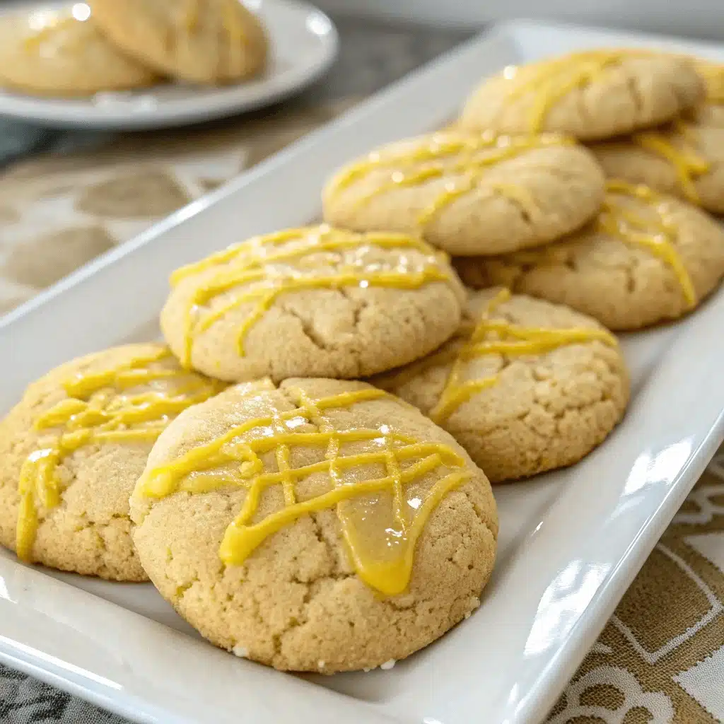 A rectangular white platter displaying lemon cookies drizzled with bright yellow glaze, positioned on a marble surface with a blurred plate of lemon cookies in the background.